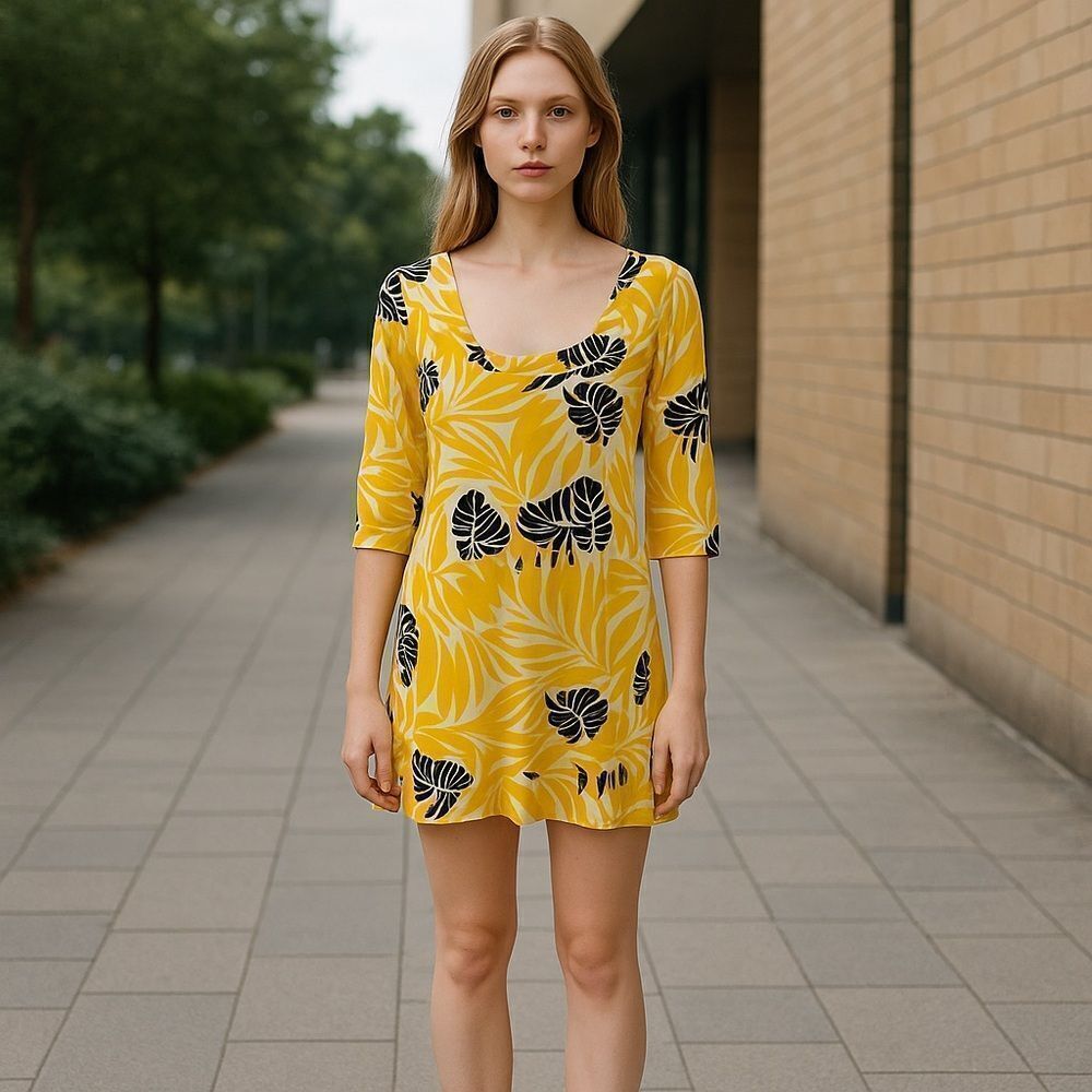 Diane Von Furstenberg Vintage Yellow Scoop Neck Floral Silk Dress Sz 0